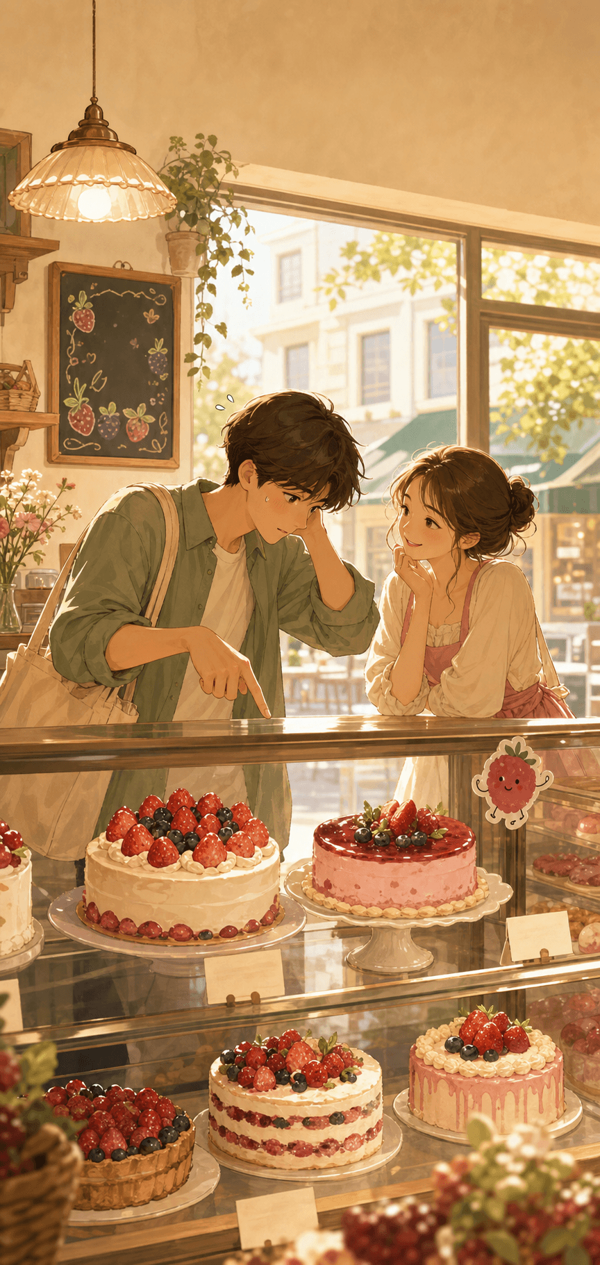 Ilustrasi toko kue hangat di sore hari, dengan kue berry dan dua orang yang sedang memilih kue.