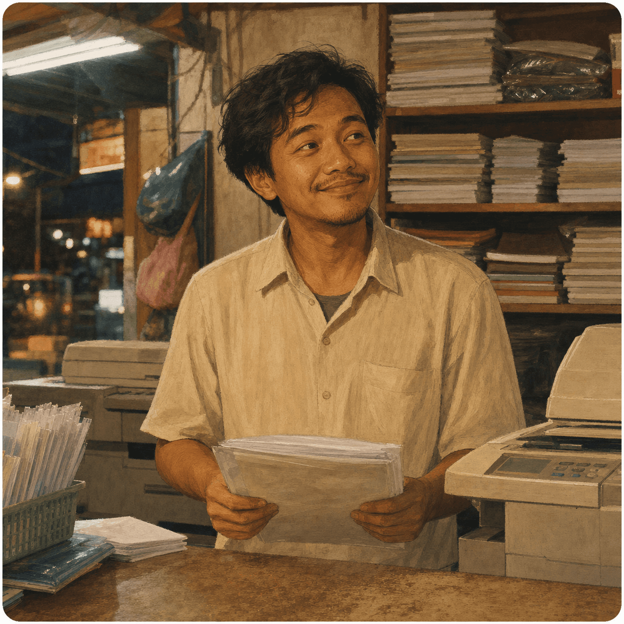 Ilustrasi profil Bang Ilham, penjaga fotokopi dengan tumpukan kertas di toko kecil.