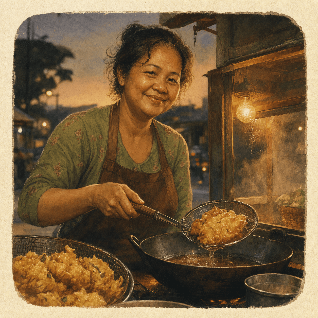 Ilustrasi profil Bu Sari, penjual gorengan dengan wajan dan saringan di gerobak sore.
