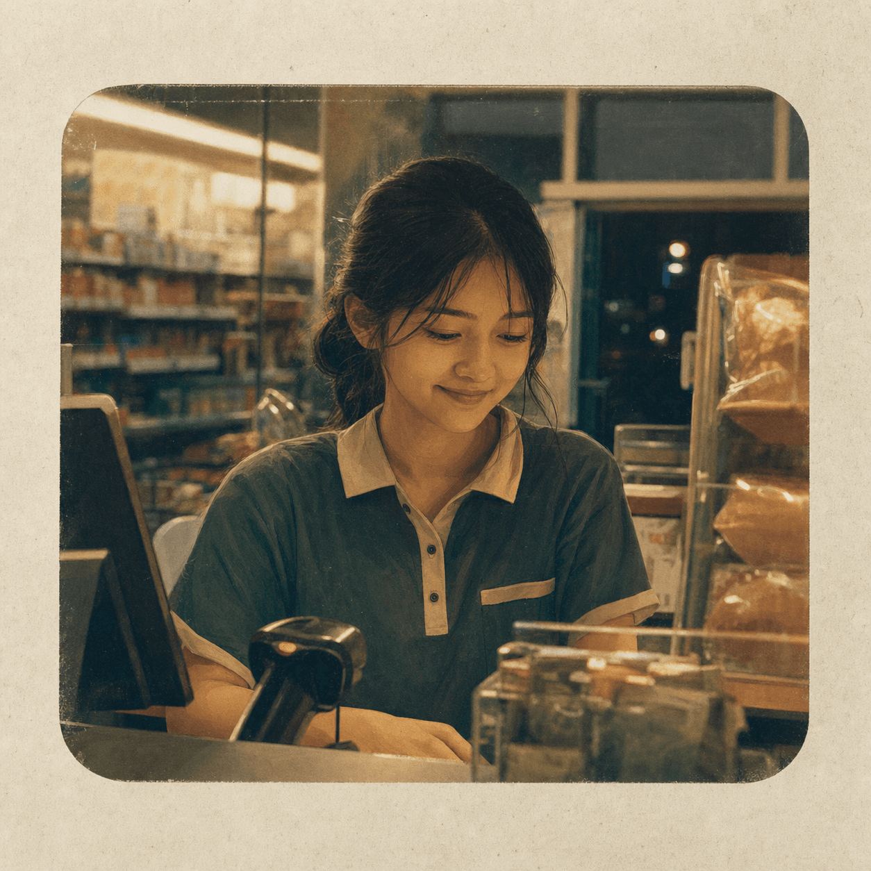 Ilustrasi profil Mbak Lia, kasir minimarket malam dengan ekspresi lelah tapi ramah.