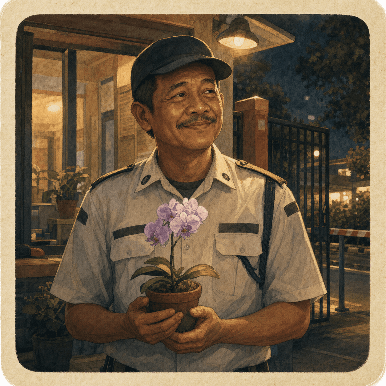 Ilustrasi profil Pak Deden, satpam gedung yang memegang pot anggrek kecil.