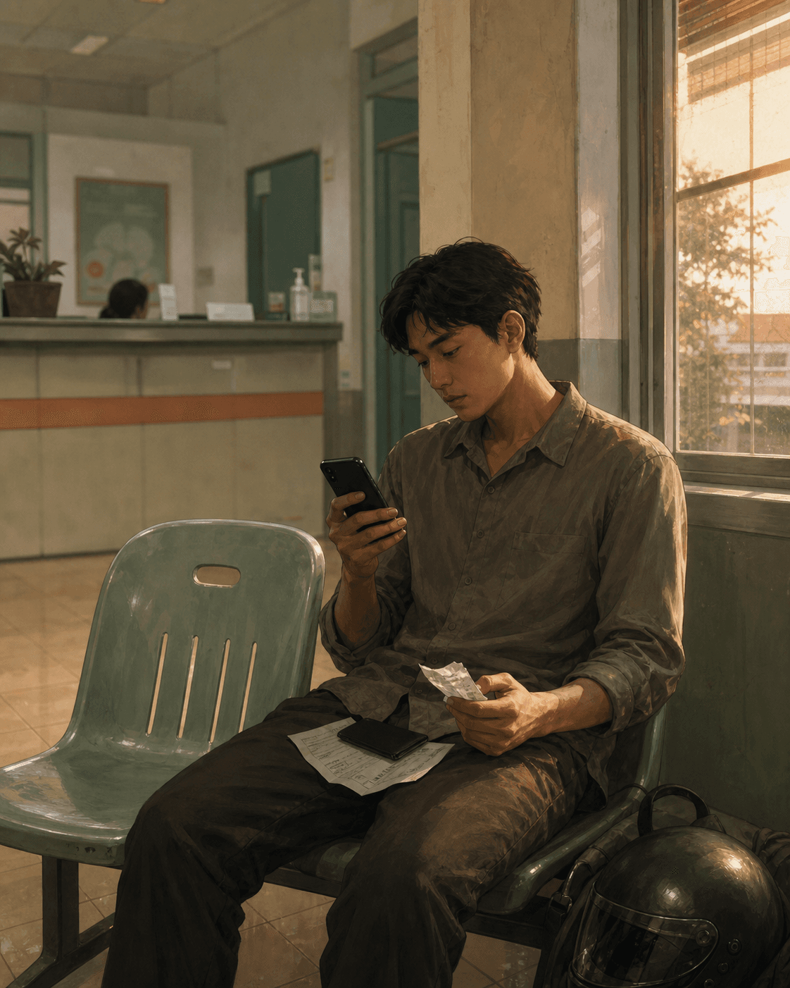 Ilustrasi seorang laki-laki duduk di ruang tunggu klinik dengan kursi kosong, ponsel, kertas antrean, dan helm motor.