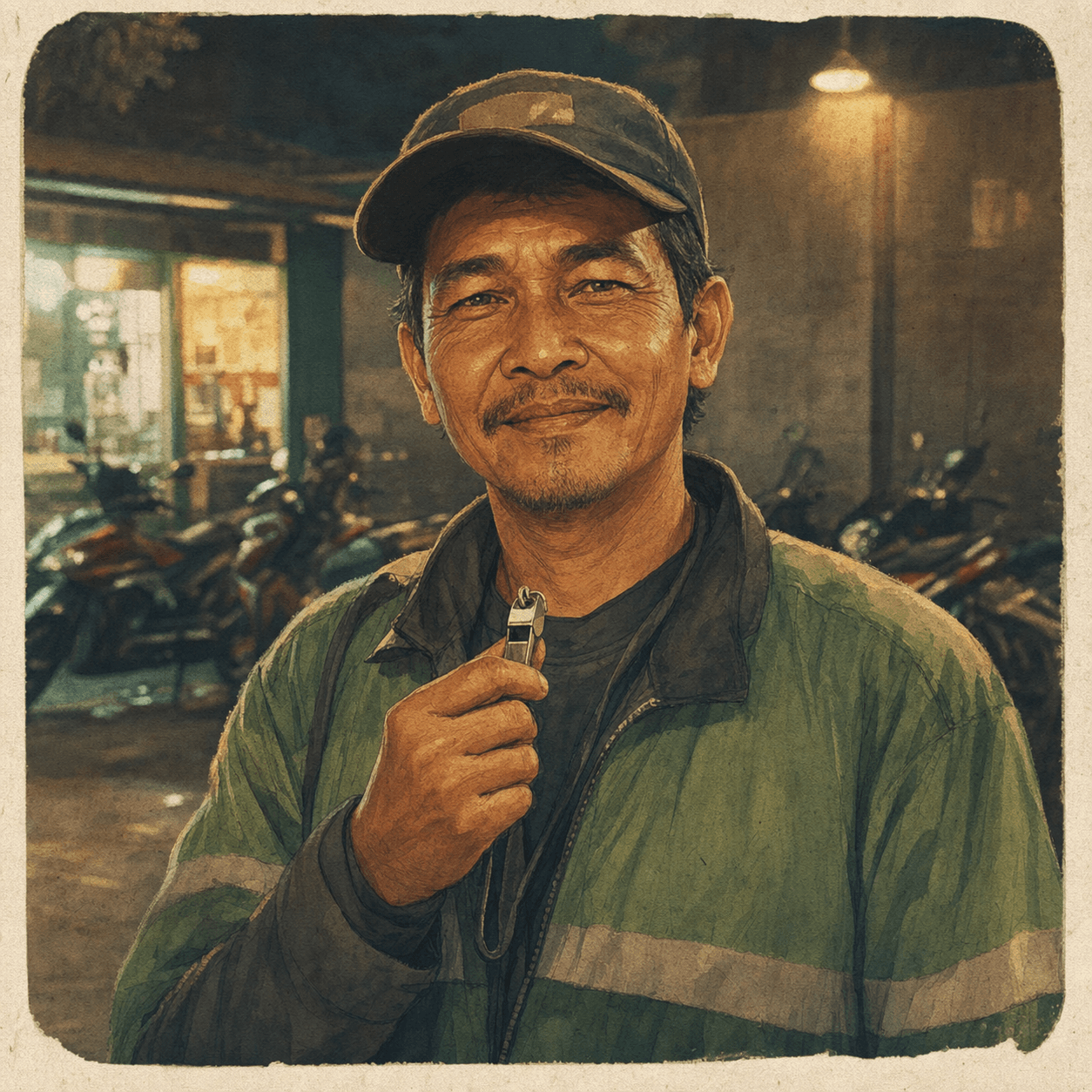 Ilustrasi profil Pak Umar, tukang parkir dengan topi dan peluit di parkiran malam.