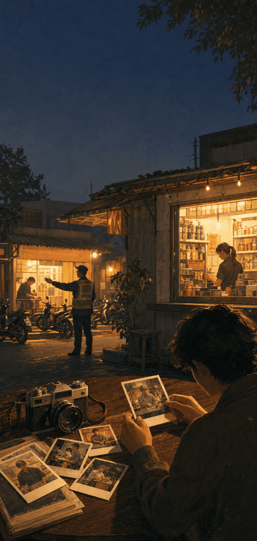 Ilustrasi hangat sudut kios malam dengan kamera analog, foto cetak, dan orang-orang biasa yang bekerja di balik layar.