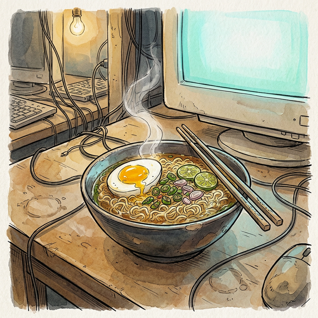 Mie rebus warnet Pak Wahyu dengan telur setengah matang